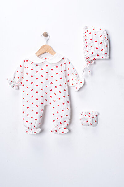 FURYATEX 100% Cotton Organic Double Layer Muslin Heart Patterned Round Neck 3-Piece Baby Romper Set