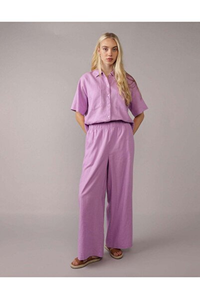 AMERICAN EAGLE قميص AE من مزيج الكتان بأكمام قصيرة وأزرار