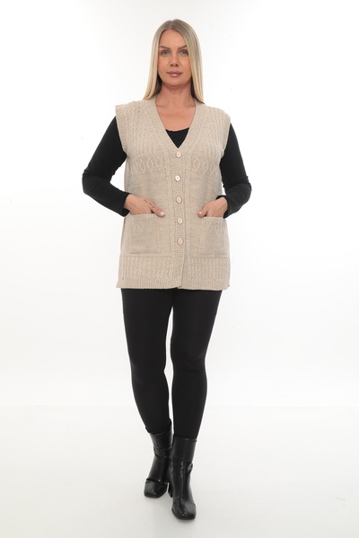 İKSUN Women's Buttoned Pocketed V-Neck Knitted Wool Mother Knitwear Winter Vest