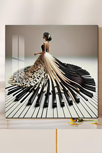 kutuTR 3D Görünümlü Temperli Cam Tablo – Piyano Tuşlarından Elbise Tasarımlı Kadın UV Baskı 33x33 cm-CTK093