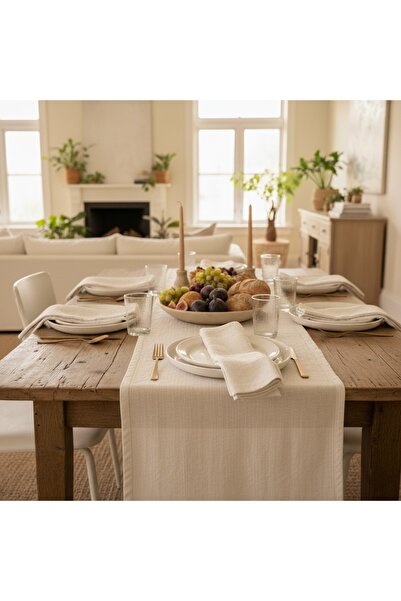 MiniStand Raw Cloth Fabric Country Style Runner 35X210 cm and Set of 6 Napkins - Natural 100% Cotton Tableware