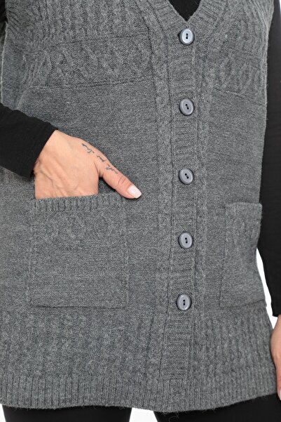 İKSUN Women's Buttoned Pocketed V-Neck Knitted Wool Mother Knitwear Winter Vest