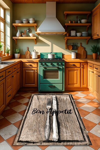 Kessy Home Studio Melia Baharat Temalı Kaymaz Taban Yıkanabilir Mutfak Halısı...