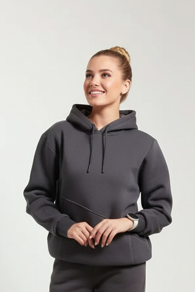 OXVİN Women's Cut Pocket 3-Thread Puff Soft (Fleece Lined) Hooded Sweatshirt - Oversize Original Cut