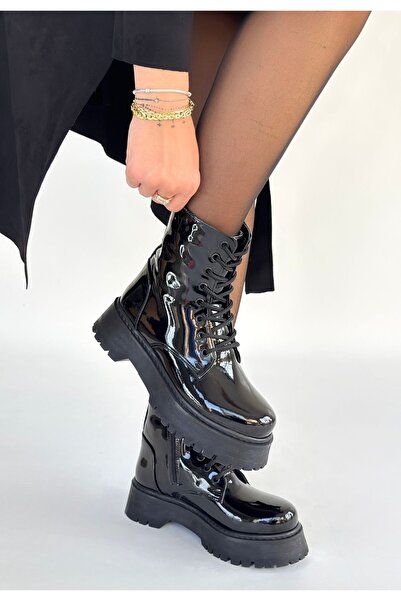 BESKAR Jonni Black Patent Leather Lace-Up Boots