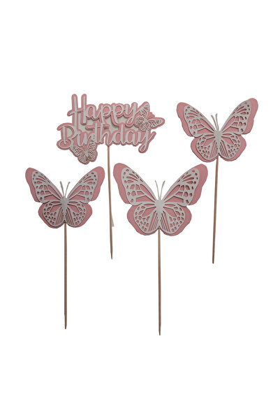 Mirific Party Set of 4 decorative toothpicks, pink and white, 19.5×13 cm, butterflies, "happy birthday"