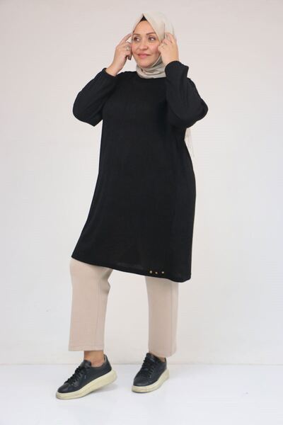 Eslina 58155 Plus Size Mir Tunic with Elasticated Sleeves and Rivets - Black