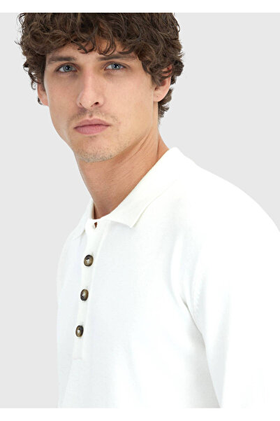 Ramsey Ecru Polo Neck Plain Knit Sweater