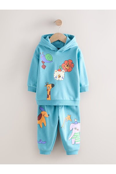 Next Baby Cotton Blue Printed Hooded Sweatshirt Long Sleeve Bottom Top Set