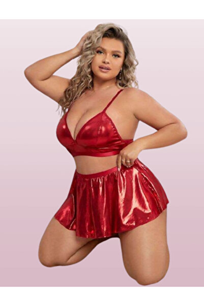 Cooqpoo Red 2Xl-3Xl-4Xl Size Thin Strap Bra Skirt Leather Oversize Dress