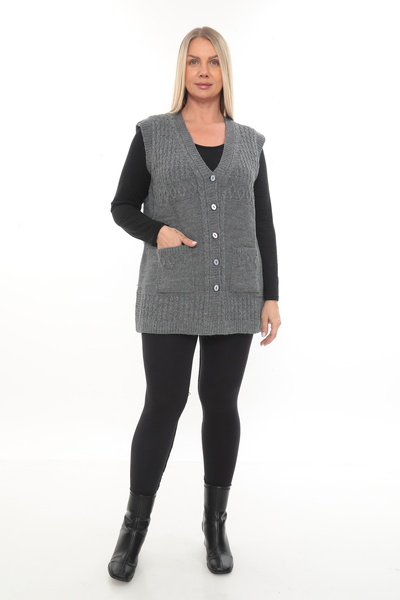 İKSUN Women's Buttoned Pocketed V-Neck Knitted Wool Mother Knitwear Winter Vest