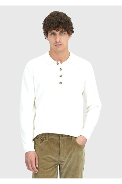 Ramsey Ecru Polo Neck Plain Knit Sweater