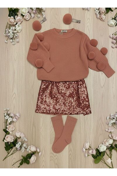 TREND NATURAL Baby Girl Pompom Sweater Sequin Skirt Set 6 Months-8 Years