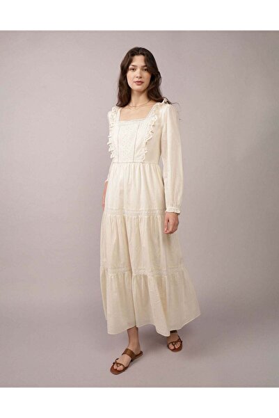 AMERICAN EAGLE AE Long-Sleeve Tiered Embroidered Midi Dress