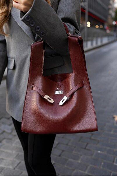 Shopper Bag Shoulder Bag with Belt Accessory Burgundy
