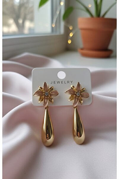 Jewerly 🌟 Işıltılı Çiçekten Damla: Gold Tonlarda Sallantılı Küpe