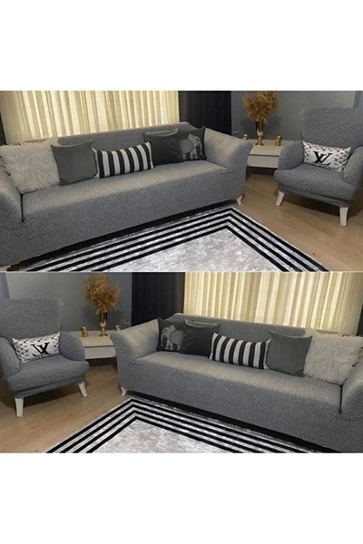 ARİFE HOME Jakarlı Düz Desen 3 3 1 1 Gri Lastikli Kanepe Örtüsü | Lastikli Ko...