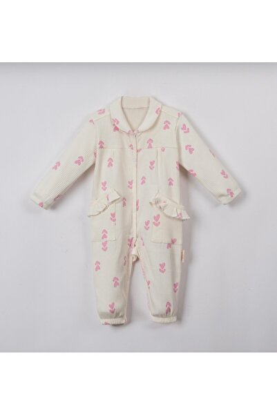 Necix's Pembe Kalp Çiçekli Yanları Cepli Çıtçıtlı Kız Bebek Tulum