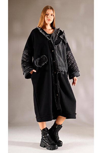 shE tekstil Design Jeans Paneled Quilted Wide Fit Jacket Black