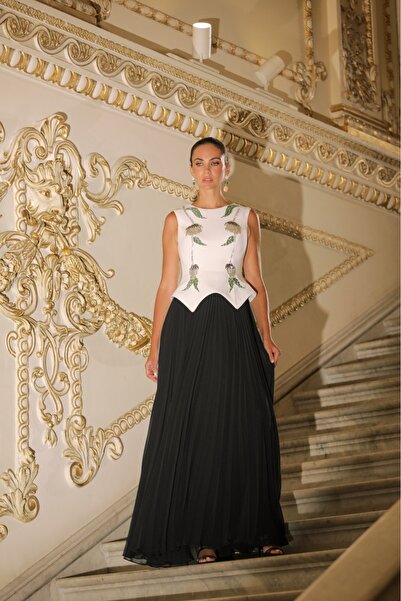 MOONDRESS KADIN ABİYE İŞLEME DETAYLI ÇİFT RENKLİ UZUN ELBİSE