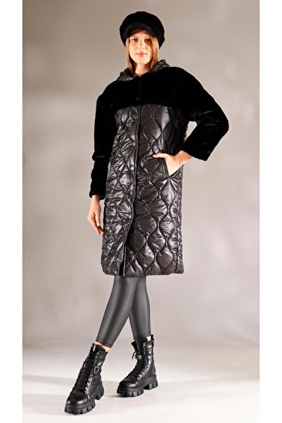 shE tekstil Плюшевий капюшон з капюшоном, довгий пальто, чорний