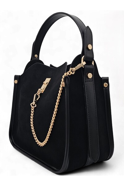 Evident Black Nubuck Chain Accessory Detailed Hand & Shoulder Women's Bag