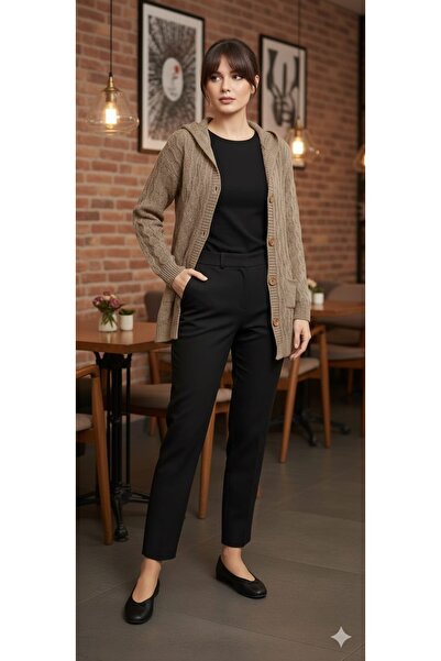 rushana Kadın kapüşonlu cepli saç örgülü triko hırka