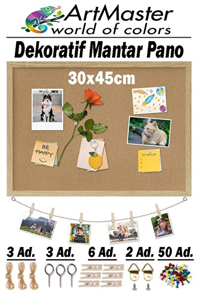 Artmaster Mantar Pano Ahşap Çerçeve Duvara Monte 30x45 cm 1 Adet Harita Çivis...