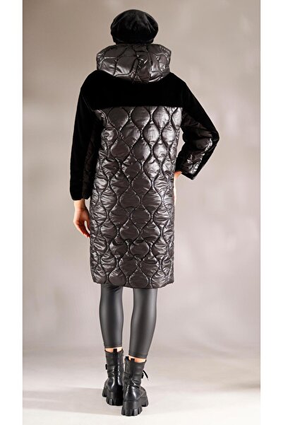 shE tekstil Плюшевий капюшон з капюшоном, довгий пальто, чорний