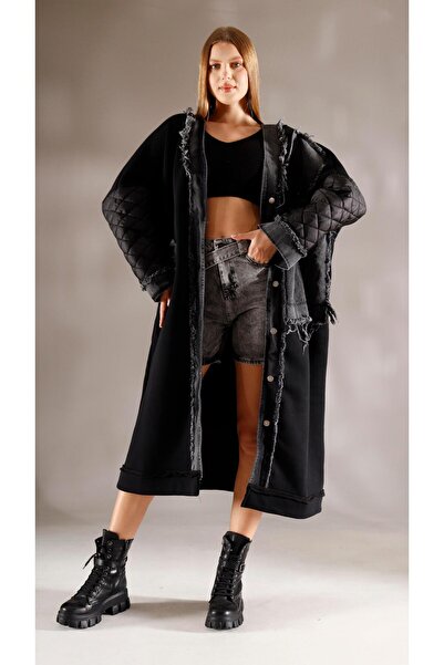 shE tekstil جاكيت ديزاين جينز بقطع قماش مخيطة معاً مبطن واسع باللون الأسود