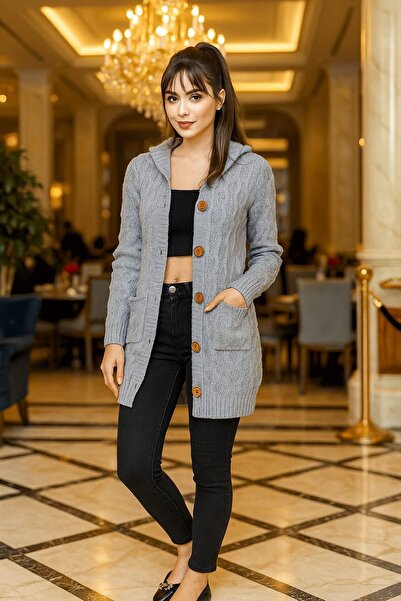 rushana Kadın kapüşonlu cepli saç örgülü triko hırka