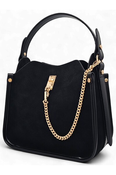 Evident Black Nubuck Chain Accessory Detailed Hand & Shoulder Women's Bag