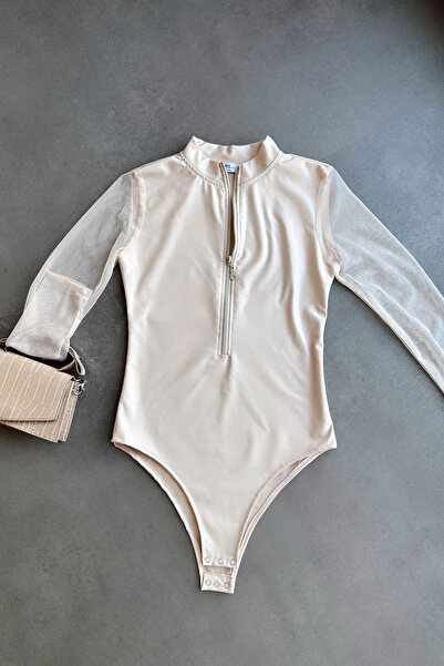 bacc Beige Sleeves Tulle Detailed Zippered Snap Blouse Bchn-2526260