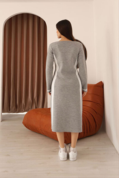 bacc Gray V-Neck Stripe Block Knitwear Dress Bces-253007