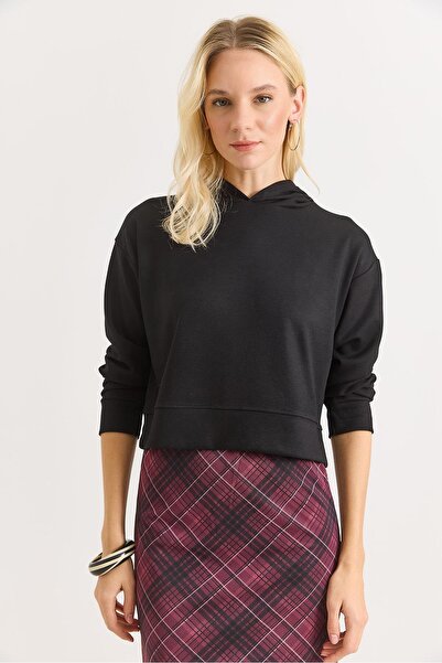 Raneel Kazançlı Alışveriş Women's Hooded Plain Casual Sweatshirt Black