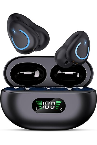 Zen Store BUABMEQ Clip-On Bluetooth 5.3 Open-Ear Earbuds Q71 with LED Case, IPX7 (Deep Black)