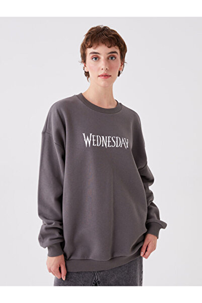 LC Waikiki Crew Neck Wednesday Printed Oversize Women's Thick Sweatshirt