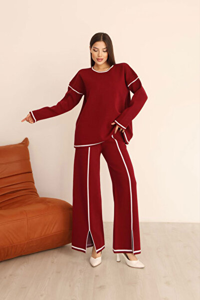 bacc Set de pulover tricotat cu dungi vișinii și pantaloni cu crăpătură pentr...