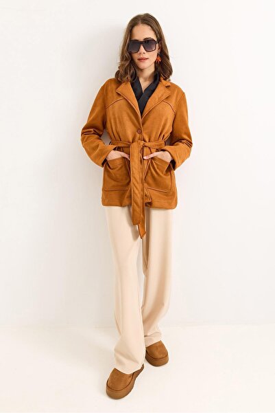 Raneel Kazançlı Alışveriş Women's Belted Buttoned Tan Suede Jacket