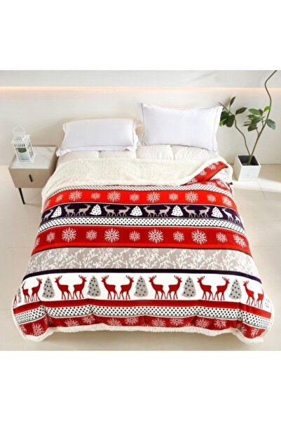 CumparaMisim Cocolino Christmas Blanket with Sherpa Fur, 200x230 cm, Red/White Reindeer