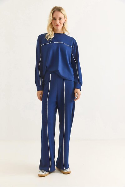 Raneel Kazançlı Alışveriş Women's Modal Fabric Piped Tracksuit Set Navy Blue