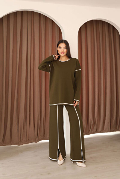bacc Women's Olive Green Striped Patterned Knitwear Sweater and Slit Pants Kn...