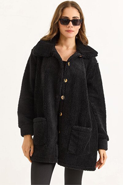 Raneel Kazançlı Alışveriş Women's Plush Buttoned Jacket Black