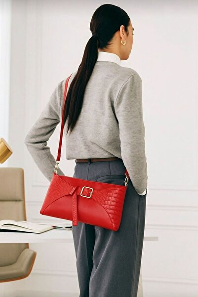 Handley Luxury Hand and Shoulder Bag with Crocodile Leather Detail, Special Design Clutch Bag with Belt