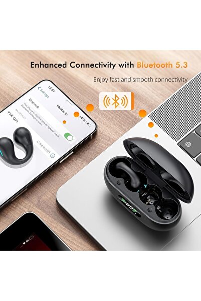 Zen Store BUABMEQ Clip-On Bluetooth 5.3 Open-Ear Earbuds Q71 with LED Case, IPX7 (Deep Black)