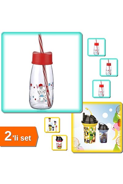 HerEveOyuncak Pipetli Su ve Süt Şişesi Cam 250 ML + Tedy Pipetli Çocuk İçecek Bardağı 300 ML - 2li Set A1B2C