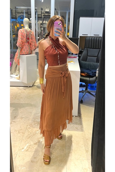 ŞEYMA KANDEMİR Tarçın Bağlama Detaylı İpek Etek