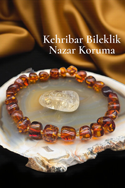 NBS Beautiful Naturel Stones سوار كهرمان للحماية من العين الشريرة، حجر سيترين، هدية، قطع طبيعي، 18-19 سم