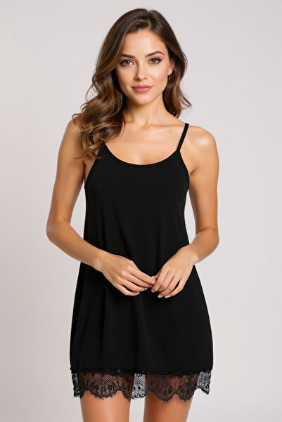 BİLGİMOLA Women's Black Lace Detailed Nightgown with Rope Straps – Modern and...