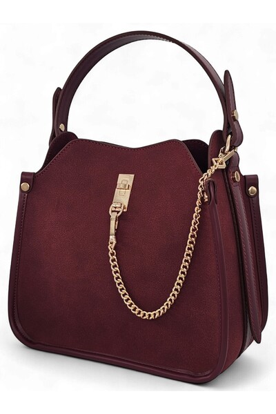 Evident Burgundy Nubuck Chain Accessory Detailed Hand & Shoulder Women's Bag